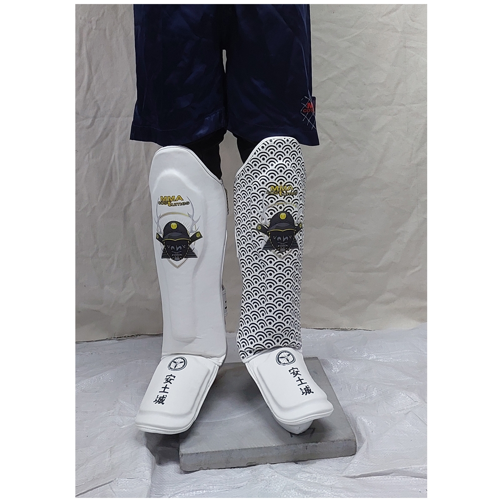 Premium Samurai Sublimated Muay Thai & MMA Shin Guards – White/Black Wave Pattern